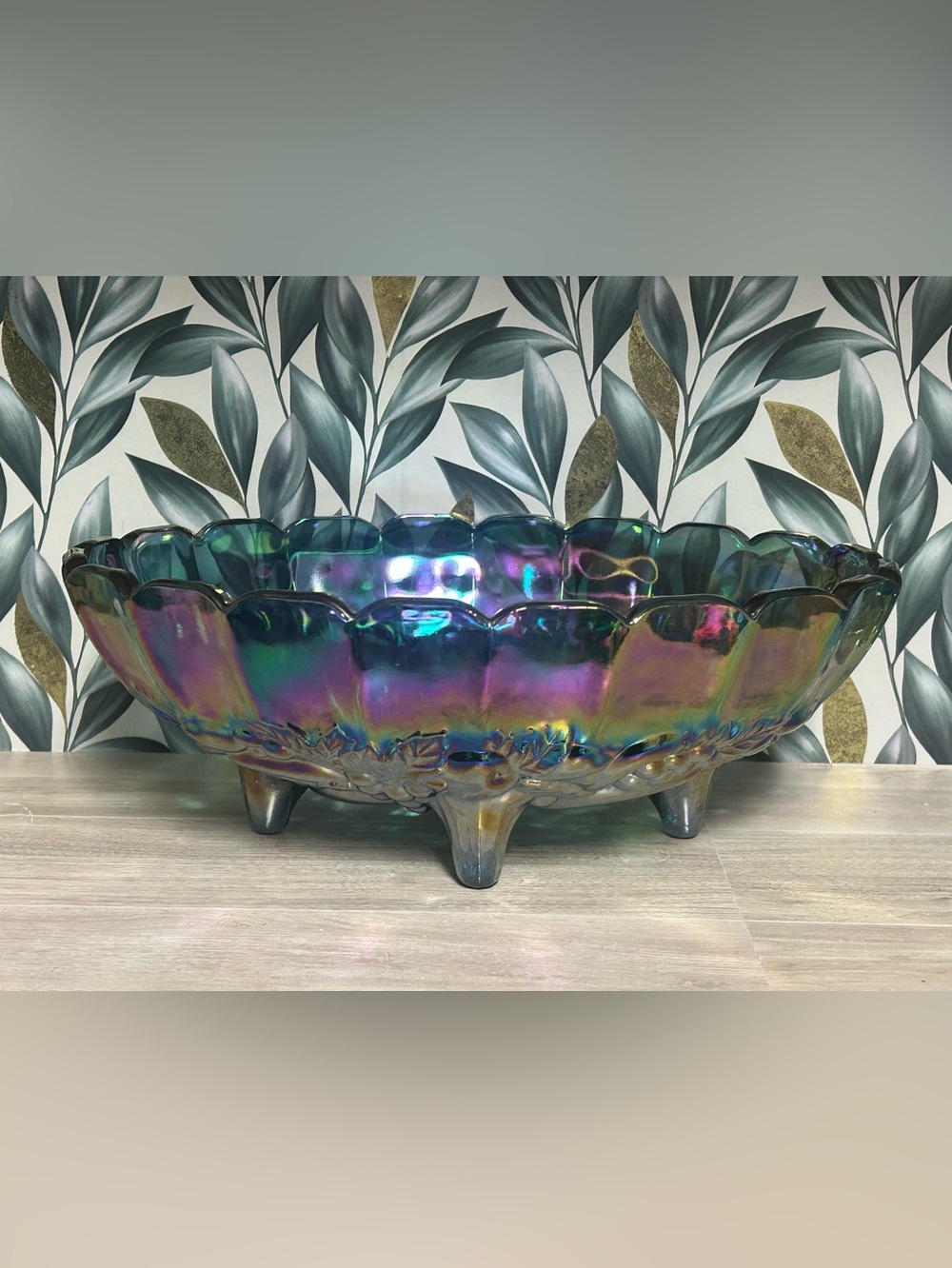 Vintage Indiana Glass Blue Iridescent Carnival Glass Footed Fruit Bowl